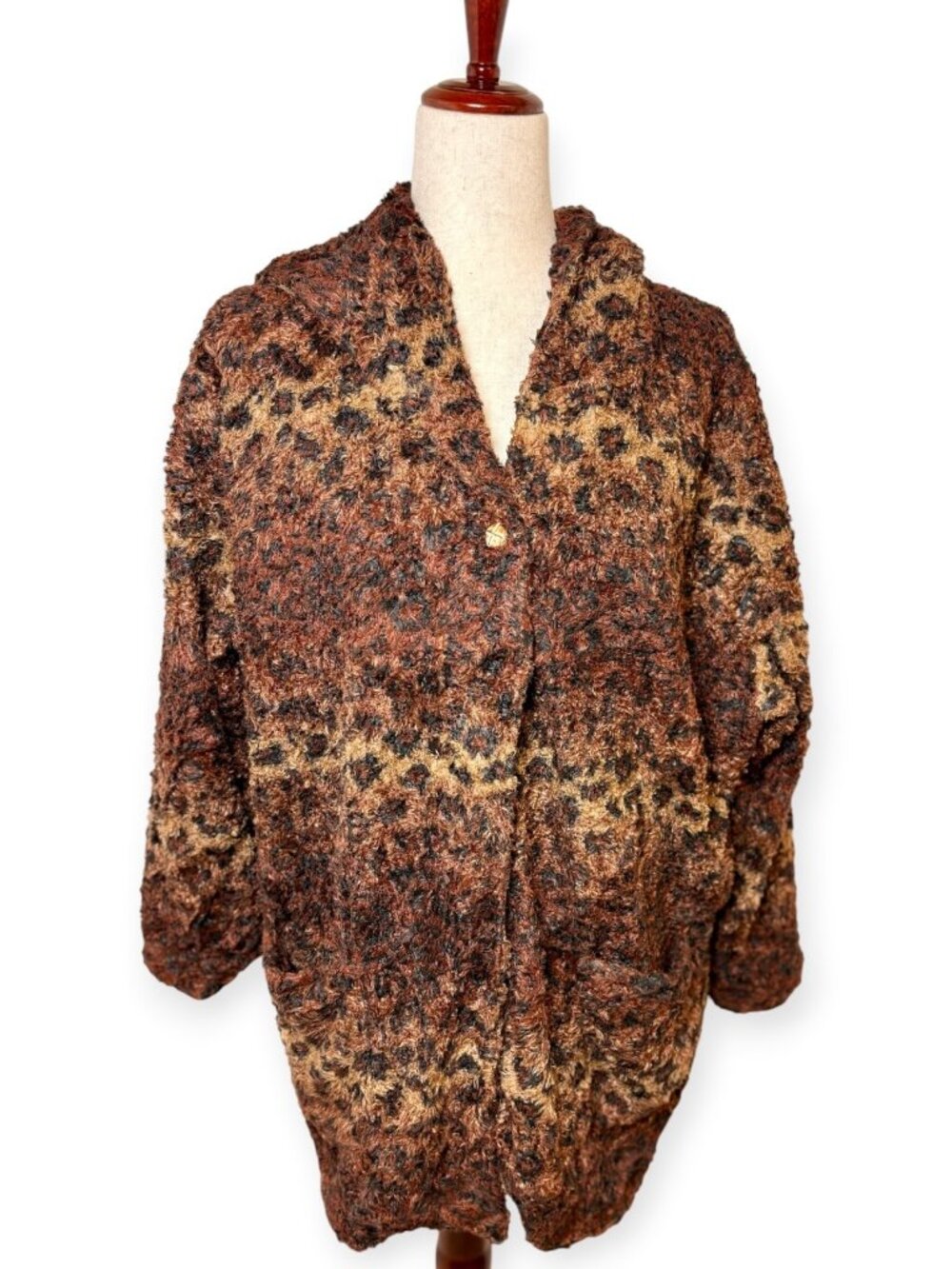 Vintage Y2K Caché Brown Leopard Animal Print Fuzzy Hooded Jacket Size Medium